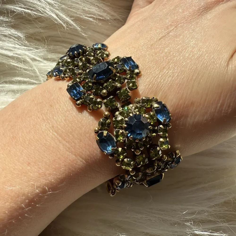 Vintage Kramer of NY Wide Runway Bracelet Green Blue Rhinestone Cluster Gorgeous